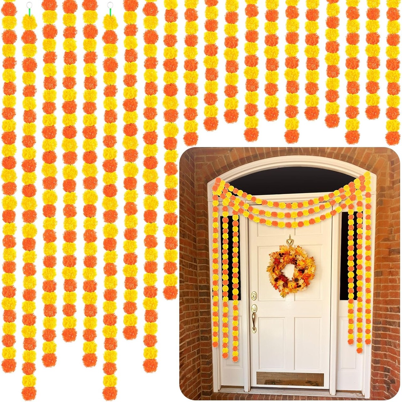 20 Pcs 5 ft Marigold Garland for Decoration Diwali Day of The Dead (Orange and Yellow)